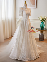 White Lace Short Sleeve Wedding Dress