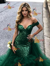 Green Mermaid Tulle Sequins Prom Dress