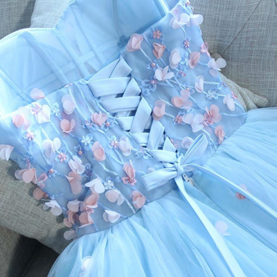 Blue Tulle Strapless Flower Homecoming Dress