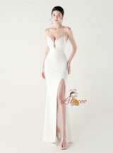 White Mermaid Spaghetti Straps Appliques Beading Prom Dress