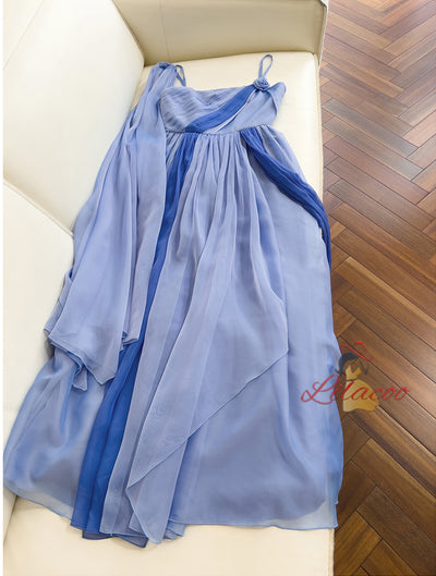 Blue Chiffon Spaghetti Straps Pleats Prom Dress