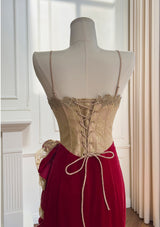 Velvet Lace Straps Pleats Prom Dress