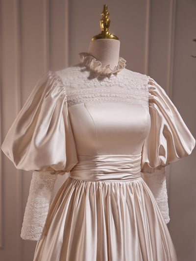 Champagne Satin Lace High Neck Wedding Dress