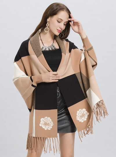 Plaid Fringed Knit Cardigan Shawl