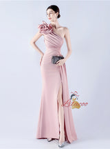 One Shoulder Pleats Flower Prom Dress