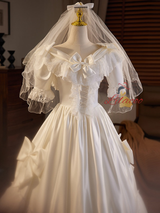 Satin Lace Short Sleeve Bow Wedding Dress