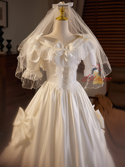 Satin Lace Short Sleeve Bow Wedding Dress