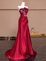 Red Satin Strapless Appliques Pleats Prom Dress