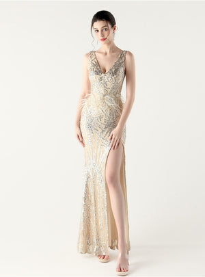 V-neck Mermaid Sequins Feather Prom Dress