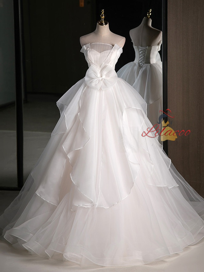 White Tulle Strapless Bow Pleats Wedding Dress