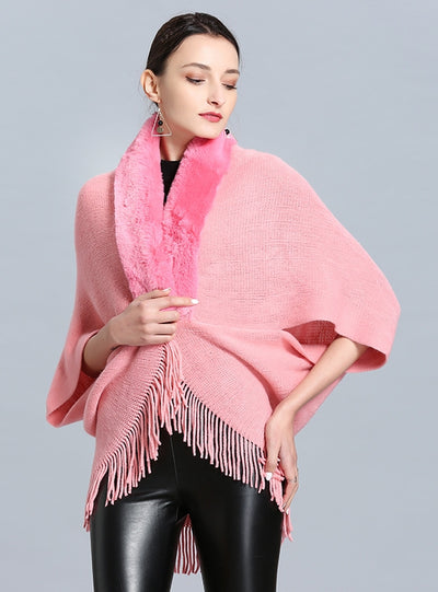 Fringed Cashmere-like Knitted Cardigan Shawl