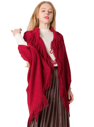 Cardigan Fringed Red Sweater Bat Sleeve Shawl Coat