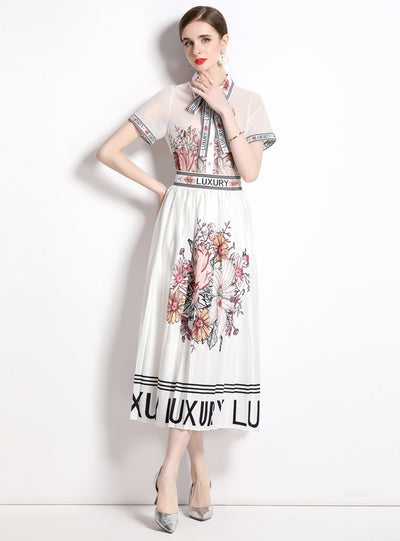 Printed Lapel Shirt+Pleated Skirt Two-Piece Suit
