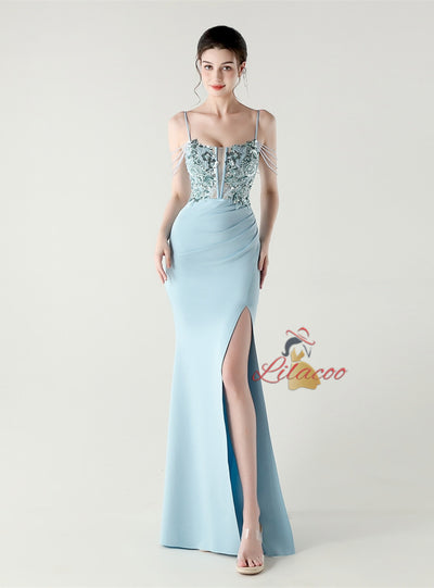 Mermaid Spaghetti Straps Sequins Beading Prom Dress