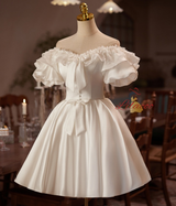 White Satin Puff Sleeve Wedding Dress