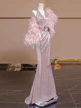 Pink Mermaid V-neck Pleats Flower Prom Dress