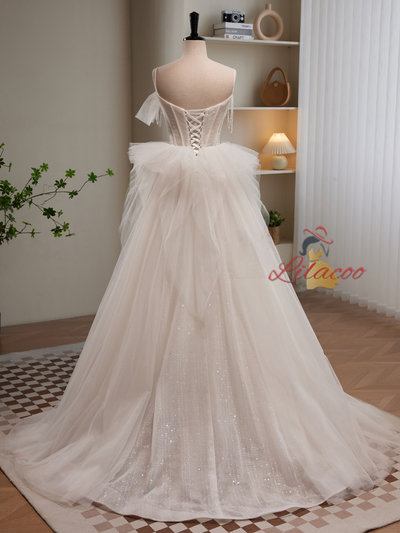 Straps Tulle Sequins Pleats Wedding Dress