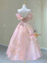 Pink Tulle Lace Straps Prom Dress