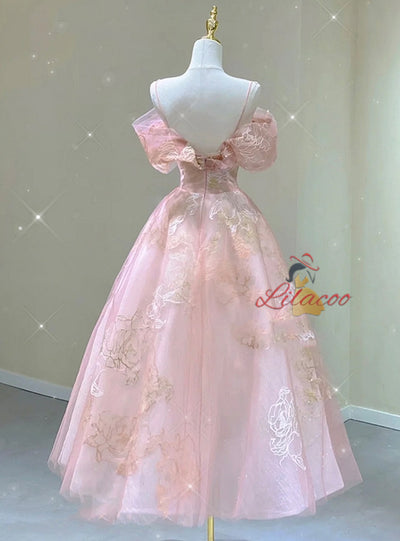 Pink Tulle Lace Straps Prom Dress
