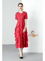 Short-sleeved Slim Ruffled Round Neck Dress