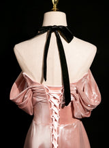 Pink Off the Shoulder Pleats Beading Prom Dress
