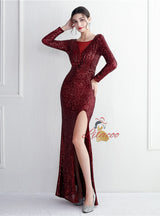 Long Seeve Mermaid Sequins Split Prom Dress