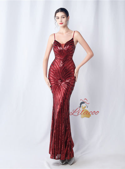 Spaghetti Straps Mermaid Sequins Prom Dress