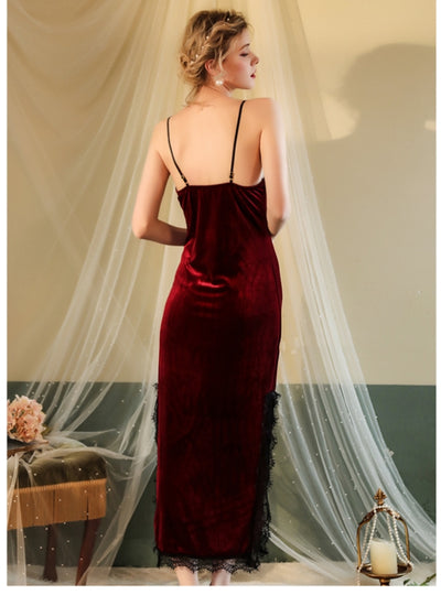 Deep V Velvet Lace Private Suspender Nightdress