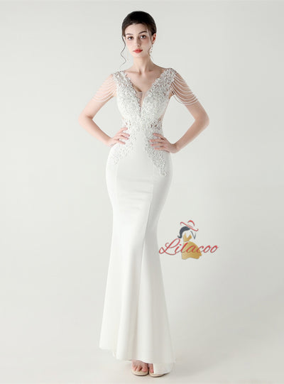 Mermaid V-neck Lace Beading Prom Dress