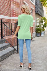 V-neck Pleated Bubble Sleeve T-shirt