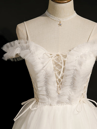 White Tulle Spaghetti Straps Pearls Homecoming Dress