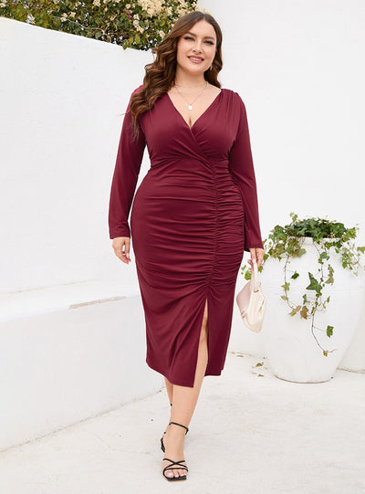 Split Slim V-neck Long Sleeve Dress