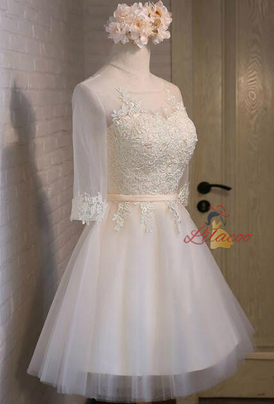 Light Yellow Lace Short Sleeve Homecoming Dress