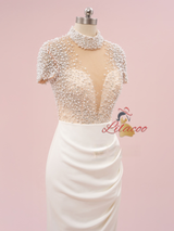 White Sheath Short Sleeve Pearls Prom Dress