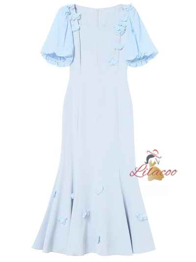Puff Sleeve Flower Beading Mother Of The Bride Dress