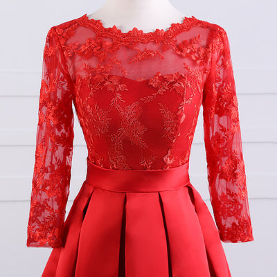 Red Satin Lace Short Sleeve Homecoming Dress