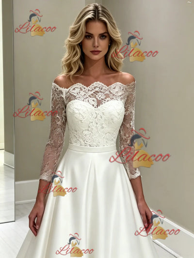 White Satin Lace Long Sleeve Wedding Dress