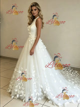 White Tulle Halter Butterfly Wedding Dress