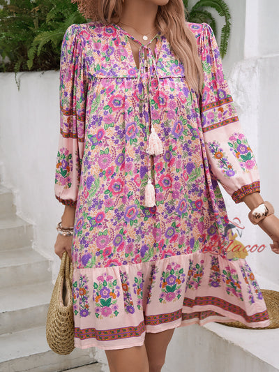 Casual Bohemian Printed V-neck Dress