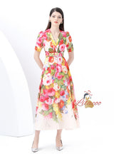 Suit Collar Short Sleeve Floral Print Dress