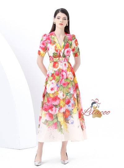 Suit Collar Short Sleeve Floral Print Dress