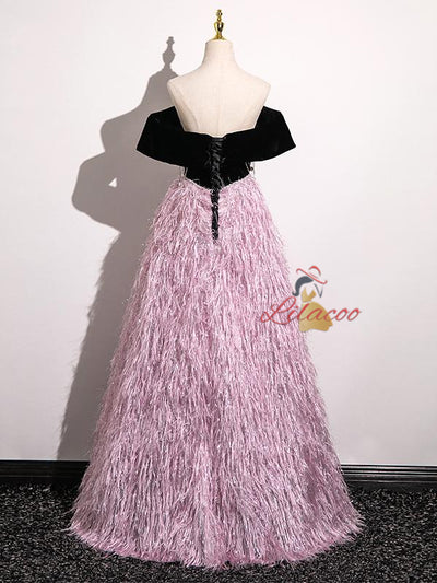 Pink Tassel Black Velvet Beading Prom Dress