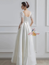 White Satin Square Neck Short Sleeve Wedding Dress