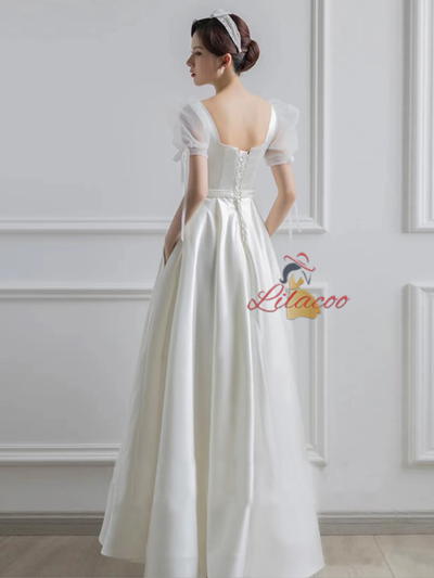 White Satin Square Neck Short Sleeve Wedding Dress