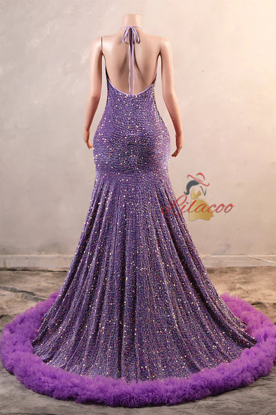 Purple Mermaid Sequins V-neck Prom Dress