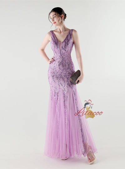 Mermaid Tulle Sequins V-neck Prom Dress