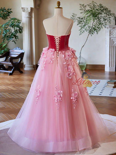 Pink Tulle Velvet 3D Appliques Prom Dress