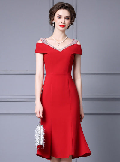 Burgundy V-neck Beading Mother Of The Bride Dress