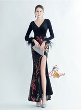 Velvet Sequins Long Sleeve V-neck Prom Dress