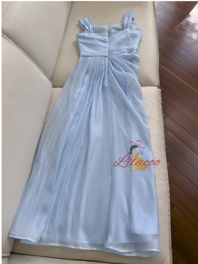 Women Blue Pleats Straps Dress
